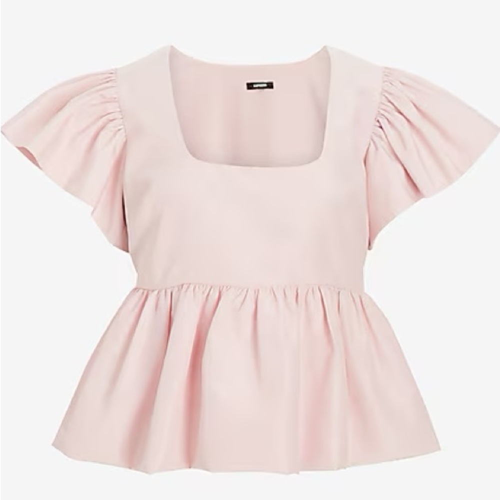 EXPRESS Square Neck Flutter Sleeve Peplum Babydoll Baby Pink Bubble Top size S